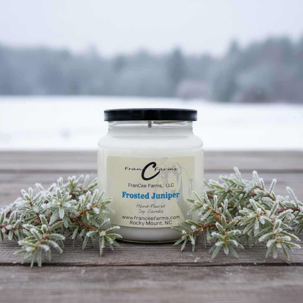 Frosted Juniper Soy Candle in apothecary jar surrounded by evergreen branches against a snowy background.