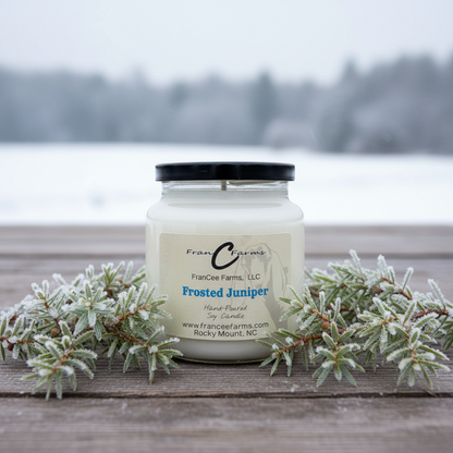 Frosted Juniper Soy Candle in apothecary jar surrounded by evergreen branches against a snowy background.