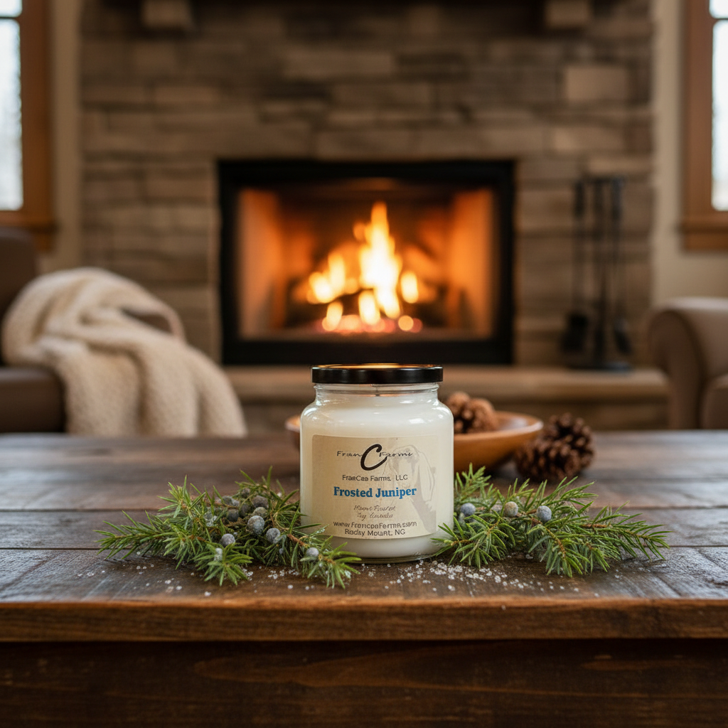 Frosted Juniper Soy Candle placed on a wooden table with evergreens, cozy living room, and a warm fireplace in the background.