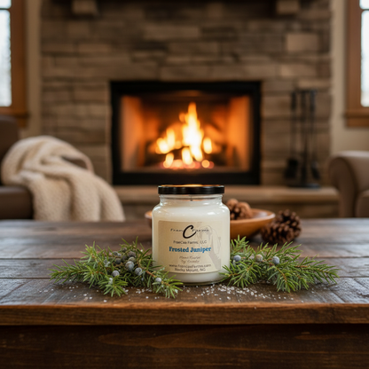 Frosted Juniper Soy Candle placed on a wooden table with evergreens, cozy living room, and a warm fireplace in the background.