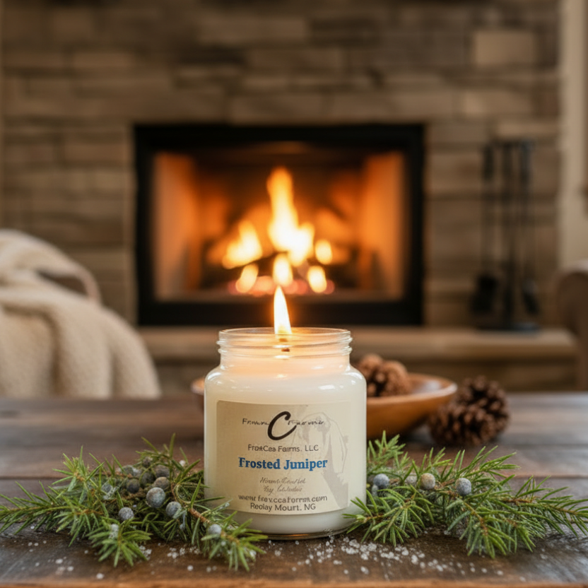 Frosted Juniper Soy Candle - 18 oz. Apothecary Jar with evergreen sprigs in front of a cozy fireplace.