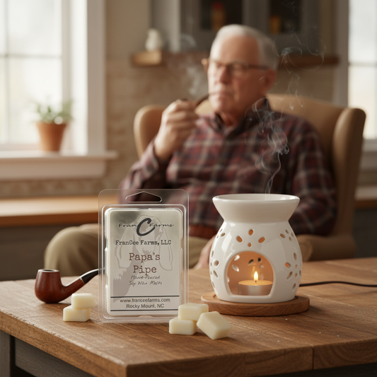 Papa's Pipe Soy Wax Melts package displayed with a candle warmer, featuring a relaxed man enjoying pipe smoke.
