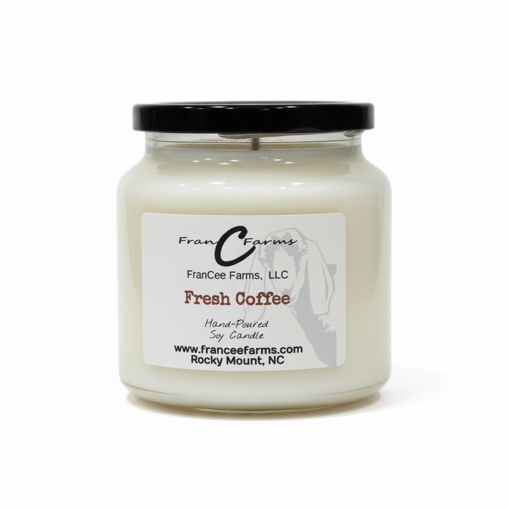 Fresh Coffee Soy Candle in a glass jar with a black lid, perfect for creating a cozy atmosphere.