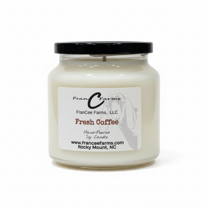 Fresh Coffee Soy Candle in a glass jar with a black lid, perfect for creating a cozy atmosphere.