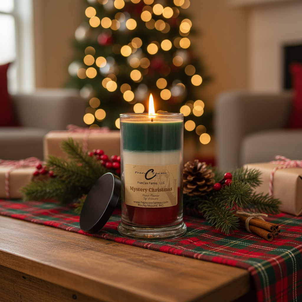 Mystery Christmas soy candle burning on a table surrounded by Christmas decor and a decorated tree.