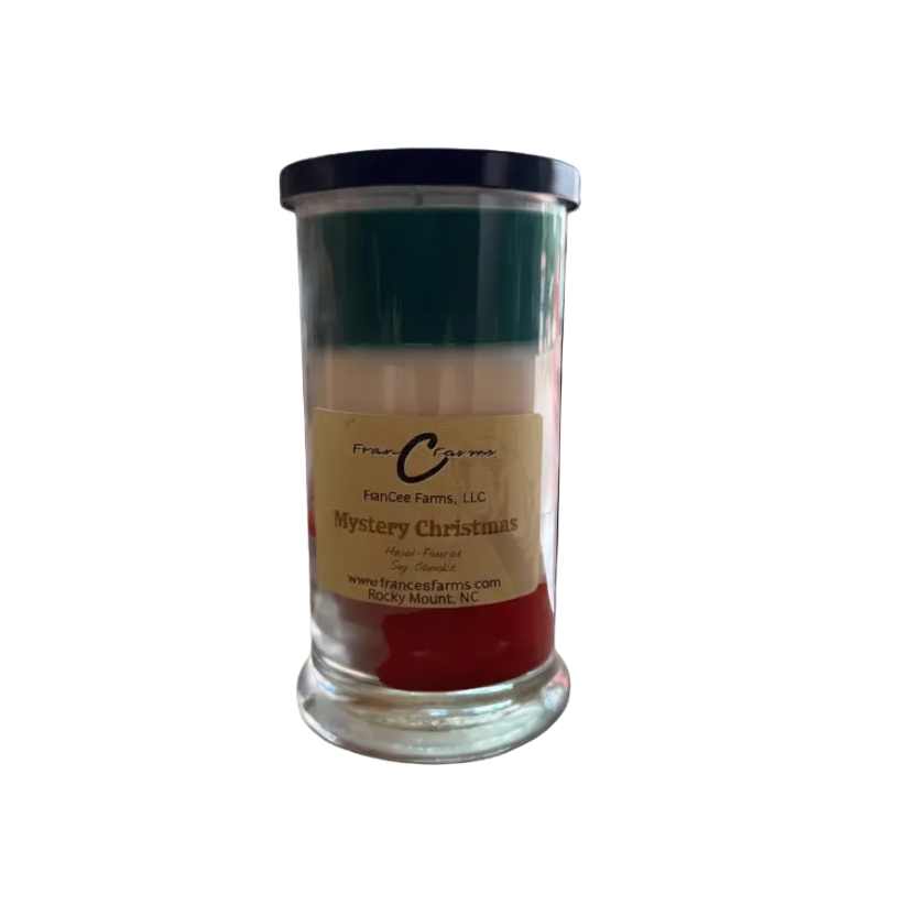 Mystery Christmas Soy Candle - 21 oz. Status Jar with layered holiday colors and festive label.