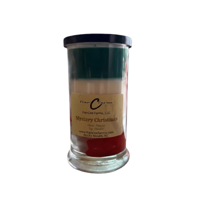 Mystery Christmas Soy Candle - 21 oz. Status Jar with layered holiday colors and festive label.