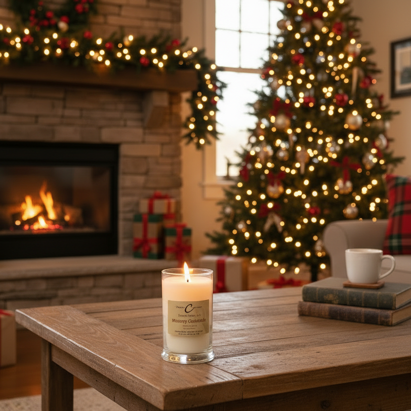 Mystery Christmas soy candle on a wooden table with holiday decor and a Christmas tree in the background.