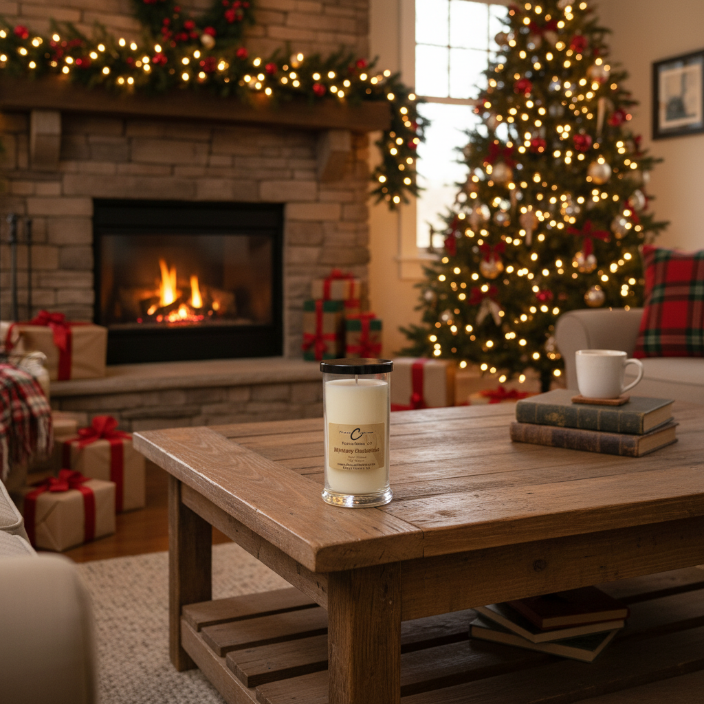 Mystery Christmas Soy Candle placed on a wooden table in a cozy living room decorated for the holidays.