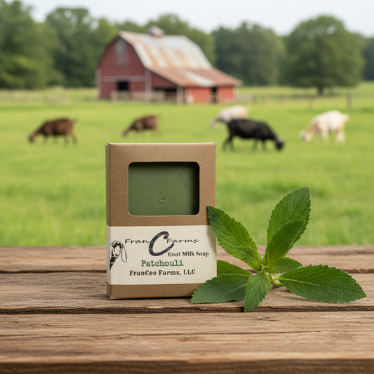 Patchouli Goat Milk Soap packaging in a rural setting with cows grazing in the background.