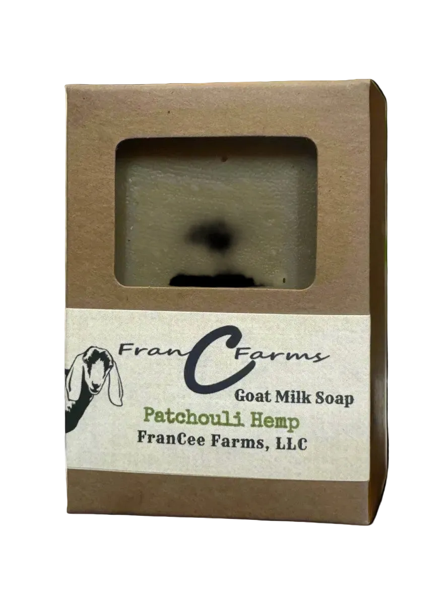 Patchouli Hemp Goat Milk Soap from FranCee Farms, showcasing earthy aroma and natural ingredients.