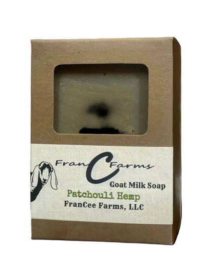 Patchouli Hemp Goat Milk Soap from FranCee Farms, showcasing earthy aroma and natural ingredients.