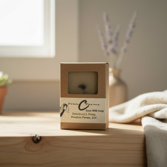 Patchouli Hemp Goat Milk Soap packaged in a rustic box displayed on a wooden surface.