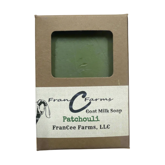 Patchouli Goat Milk Soap by FranCee Farms, earthy and nostalgic fragrance in eco-friendly packaging.