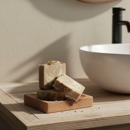 Shit Soap - Goat Milk Soap displayed on a wooden tray beside a modern white sink.