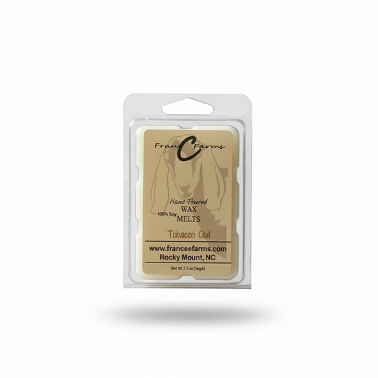Tobacco Oud Soy Wax Melts packaging showcasing elegant design and brand logo from FranCee Farms.