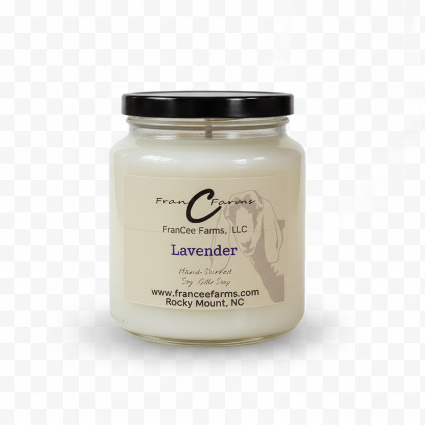 Lavender soy candle in an apothecary jar from FranCee Farms, showcasing a calming lavender scent.