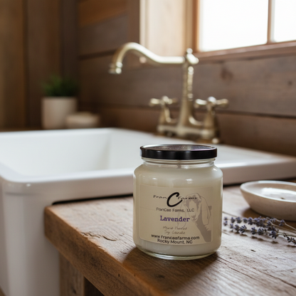 Lavender Soy Candle in an apothecary jar placed beside a bathtub, showcasing the calming essence of lavender.