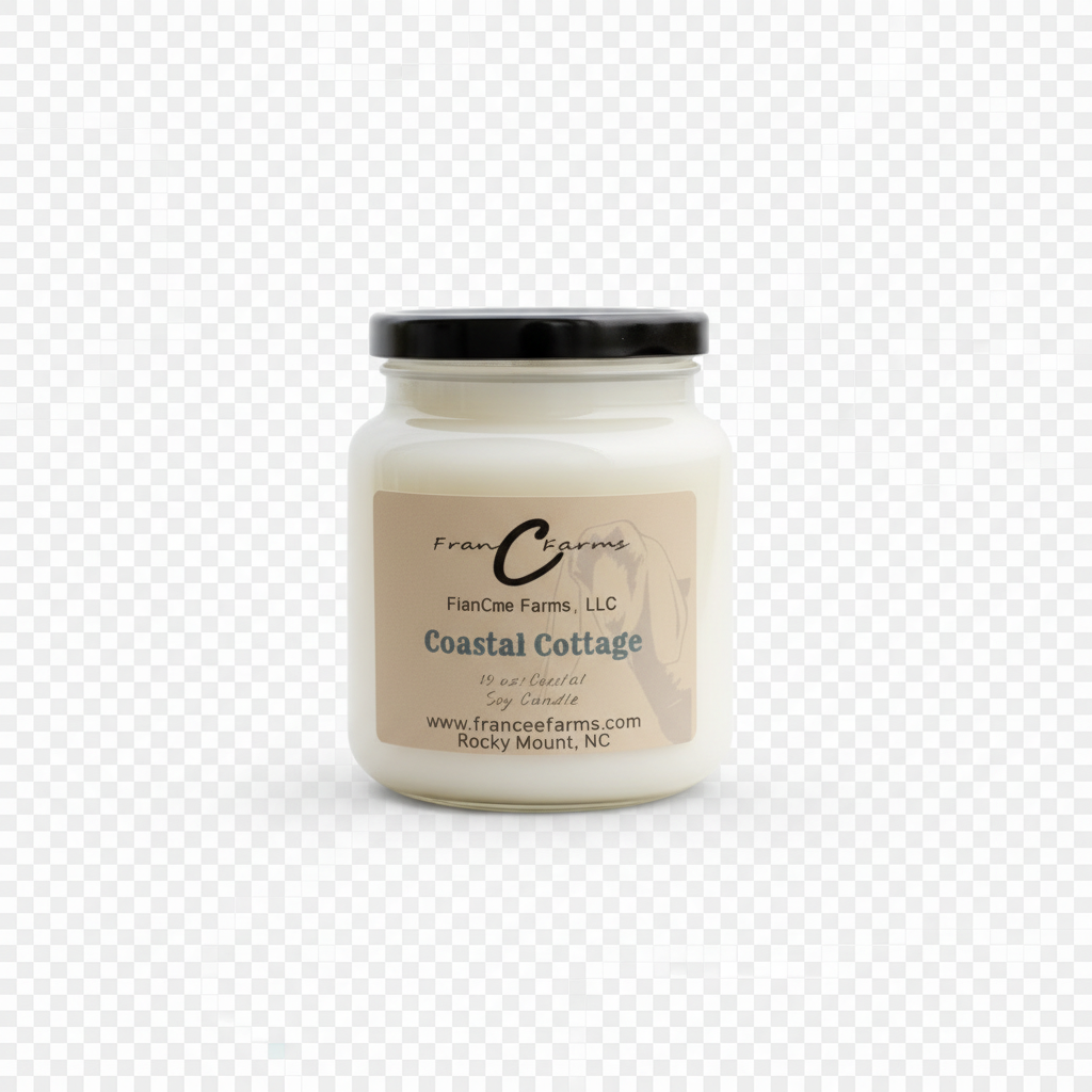 Coastal Cottage Soy Candle in apothecary jar by FlanCine Farms, 18 oz. candle showcasing refreshing fragrance.