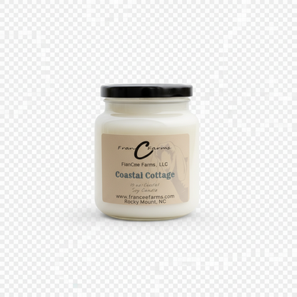 Coastal Cottage Soy Candle in apothecary jar by FlanCine Farms, 18 oz. candle showcasing refreshing fragrance.